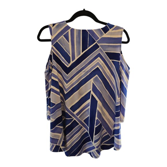 CHICOS WOMENS SIZE 1 MEDIUM (8) BLUE WHITE COLD SHOULDER 3/4 SLEEVE TOP CASUAL - Picture 4 of 8